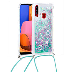 Funda Silicona Carcasa Goma Bling-Bling con Acollador Cordon Lanyard S03 para Samsung Galaxy A20s Verde