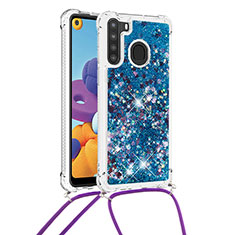 Funda Silicona Carcasa Goma Bling-Bling con Acollador Cordon Lanyard S03 para Samsung Galaxy A21 Azul