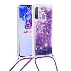 Funda Silicona Carcasa Goma Bling-Bling con Acollador Cordon Lanyard S03 para Samsung Galaxy A21 European Morado