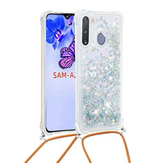 Funda Silicona Carcasa Goma Bling-Bling con Acollador Cordon Lanyard S03 para Samsung Galaxy A21 European Plata