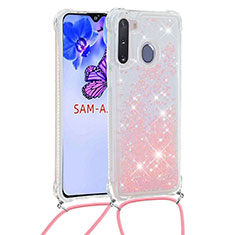 Funda Silicona Carcasa Goma Bling-Bling con Acollador Cordon Lanyard S03 para Samsung Galaxy A21 European Rosa