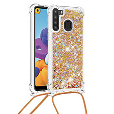 Funda Silicona Carcasa Goma Bling-Bling con Acollador Cordon Lanyard S03 para Samsung Galaxy A21 Oro