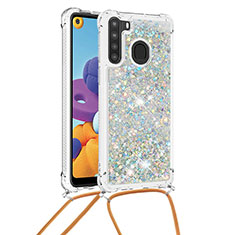 Funda Silicona Carcasa Goma Bling-Bling con Acollador Cordon Lanyard S03 para Samsung Galaxy A21 Plata