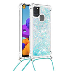 Funda Silicona Carcasa Goma Bling-Bling con Acollador Cordon Lanyard S03 para Samsung Galaxy A21s Azul Cielo