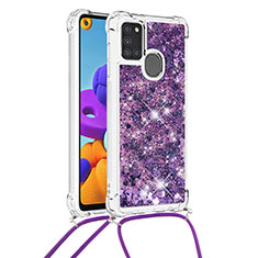 Funda Silicona Carcasa Goma Bling-Bling con Acollador Cordon Lanyard S03 para Samsung Galaxy A21s Morado