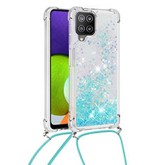 Funda Silicona Carcasa Goma Bling-Bling con Acollador Cordon Lanyard S03 para Samsung Galaxy A22 4G Azul Cielo