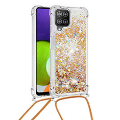 Funda Silicona Carcasa Goma Bling-Bling con Acollador Cordon Lanyard S03 para Samsung Galaxy A22 4G Oro