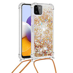 Funda Silicona Carcasa Goma Bling-Bling con Acollador Cordon Lanyard S03 para Samsung Galaxy A22s 5G Oro