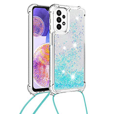 Funda Silicona Carcasa Goma Bling-Bling con Acollador Cordon Lanyard S03 para Samsung Galaxy A23 4G Azul Cielo