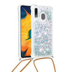 Funda Silicona Carcasa Goma Bling-Bling con Acollador Cordon Lanyard S03 para Samsung Galaxy A30 Plata