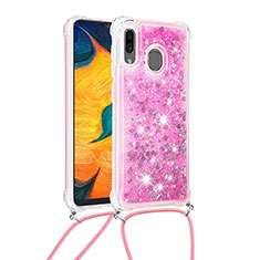 Funda Silicona Carcasa Goma Bling-Bling con Acollador Cordon Lanyard S03 para Samsung Galaxy A30 Rosa Roja