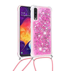 Funda Silicona Carcasa Goma Bling-Bling con Acollador Cordon Lanyard S03 para Samsung Galaxy A30S Rosa Roja