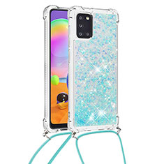 Funda Silicona Carcasa Goma Bling-Bling con Acollador Cordon Lanyard S03 para Samsung Galaxy A31 Azul Cielo