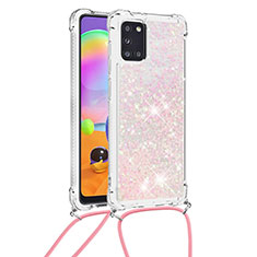 Funda Silicona Carcasa Goma Bling-Bling con Acollador Cordon Lanyard S03 para Samsung Galaxy A31 Rosa