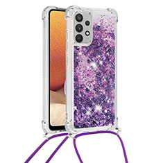 Funda Silicona Carcasa Goma Bling-Bling con Acollador Cordon Lanyard S03 para Samsung Galaxy A32 5G Morado