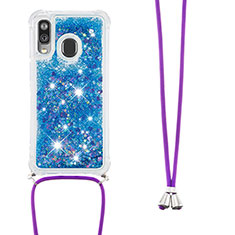 Funda Silicona Carcasa Goma Bling-Bling con Acollador Cordon Lanyard S03 para Samsung Galaxy A40 Azul