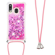 Funda Silicona Carcasa Goma Bling-Bling con Acollador Cordon Lanyard S03 para Samsung Galaxy A40 Rosa Roja