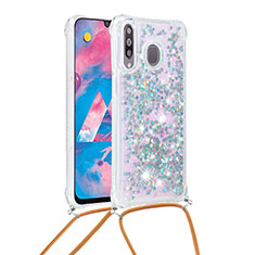 Funda Silicona Carcasa Goma Bling-Bling con Acollador Cordon Lanyard S03 para Samsung Galaxy A40s Plata