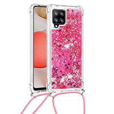 Funda Silicona Carcasa Goma Bling-Bling con Acollador Cordon Lanyard S03 para Samsung Galaxy A42 5G Rosa Roja