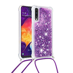 Funda Silicona Carcasa Goma Bling-Bling con Acollador Cordon Lanyard S03 para Samsung Galaxy A50S Morado