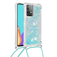 Funda Silicona Carcasa Goma Bling-Bling con Acollador Cordon Lanyard S03 para Samsung Galaxy A52 4G Azul Cielo