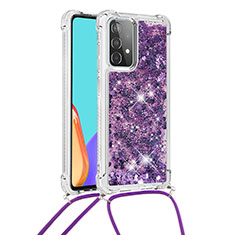 Funda Silicona Carcasa Goma Bling-Bling con Acollador Cordon Lanyard S03 para Samsung Galaxy A52 4G Morado