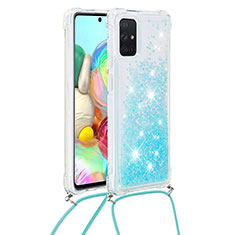 Funda Silicona Carcasa Goma Bling-Bling con Acollador Cordon Lanyard S03 para Samsung Galaxy A71 5G Azul Cielo