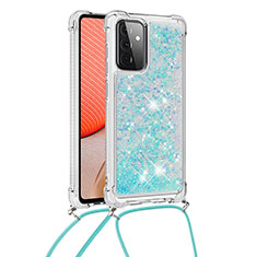 Funda Silicona Carcasa Goma Bling-Bling con Acollador Cordon Lanyard S03 para Samsung Galaxy A72 4G Azul Cielo