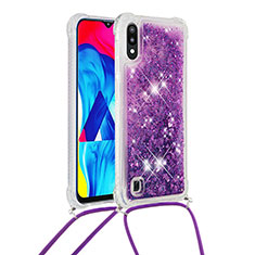 Funda Silicona Carcasa Goma Bling-Bling con Acollador Cordon Lanyard S03 para Samsung Galaxy M10 Morado