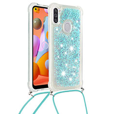 Funda Silicona Carcasa Goma Bling-Bling con Acollador Cordon Lanyard S03 para Samsung Galaxy M11 Azul Cielo