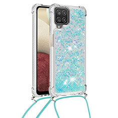 Funda Silicona Carcasa Goma Bling-Bling con Acollador Cordon Lanyard S03 para Samsung Galaxy M12 Azul Cielo