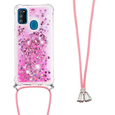 Funda Silicona Carcasa Goma Bling-Bling con Acollador Cordon Lanyard S03 para Samsung Galaxy M21 Rosa Roja