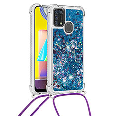 Funda Silicona Carcasa Goma Bling-Bling con Acollador Cordon Lanyard S03 para Samsung Galaxy M21s Azul