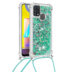 Funda Silicona Carcasa Goma Bling-Bling con Acollador Cordon Lanyard S03 para Samsung Galaxy M21s Verde