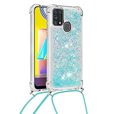 Funda Silicona Carcasa Goma Bling-Bling con Acollador Cordon Lanyard S03 para Samsung Galaxy M31 Azul Cielo