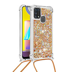 Funda Silicona Carcasa Goma Bling-Bling con Acollador Cordon Lanyard S03 para Samsung Galaxy M31 Oro