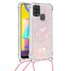 Funda Silicona Carcasa Goma Bling-Bling con Acollador Cordon Lanyard S03 para Samsung Galaxy M31 Prime Edition Rosa