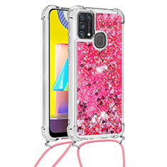 Funda Silicona Carcasa Goma Bling-Bling con Acollador Cordon Lanyard S03 para Samsung Galaxy M31 Prime Edition Rosa Roja