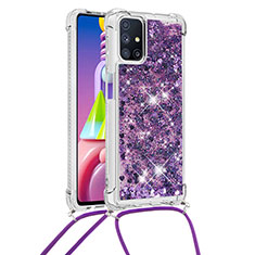 Funda Silicona Carcasa Goma Bling-Bling con Acollador Cordon Lanyard S03 para Samsung Galaxy M51 Morado