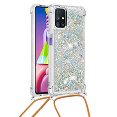 Funda Silicona Carcasa Goma Bling-Bling con Acollador Cordon Lanyard S03 para Samsung Galaxy M51 Plata