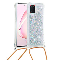 Funda Silicona Carcasa Goma Bling-Bling con Acollador Cordon Lanyard S03 para Samsung Galaxy M60s Plata