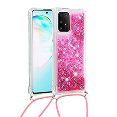 Funda Silicona Carcasa Goma Bling-Bling con Acollador Cordon Lanyard S03 para Samsung Galaxy S10 Lite Rosa Roja