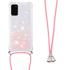 Funda Silicona Carcasa Goma Bling-Bling con Acollador Cordon Lanyard S03 para Samsung Galaxy S20 5G Rosa