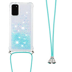 Funda Silicona Carcasa Goma Bling-Bling con Acollador Cordon Lanyard S03 para Samsung Galaxy S20 Azul Cielo