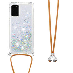 Funda Silicona Carcasa Goma Bling-Bling con Acollador Cordon Lanyard S03 para Samsung Galaxy S20 Plata