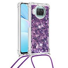 Funda Silicona Carcasa Goma Bling-Bling con Acollador Cordon Lanyard S03 para Xiaomi Mi 10i 5G Morado