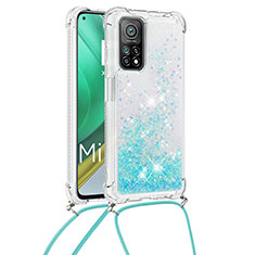 Funda Silicona Carcasa Goma Bling-Bling con Acollador Cordon Lanyard S03 para Xiaomi Mi 10T 5G Azul Cielo