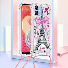 Funda Silicona Carcasa Goma Bling-Bling con Acollador Cordon Lanyard YB2 para Samsung Galaxy F04 Oro Rosa