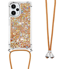 Funda Silicona Carcasa Goma Bling-Bling con Acollador Cordon Lanyard YB3 para Xiaomi Redmi Note 12 Turbo 5G Oro