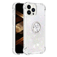 Funda Silicona Carcasa Goma Bling-Bling con Anillo de dedo Soporte S01 para Apple iPhone 15 Pro Max Plata